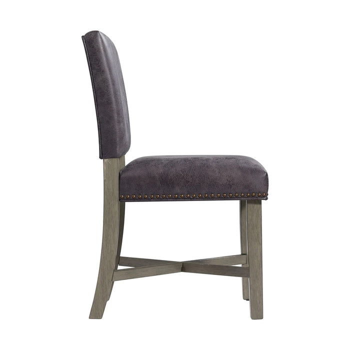 Elements International Collins Side Chair Stretcher with Brown PU (Set of 2) in Weathered Gray