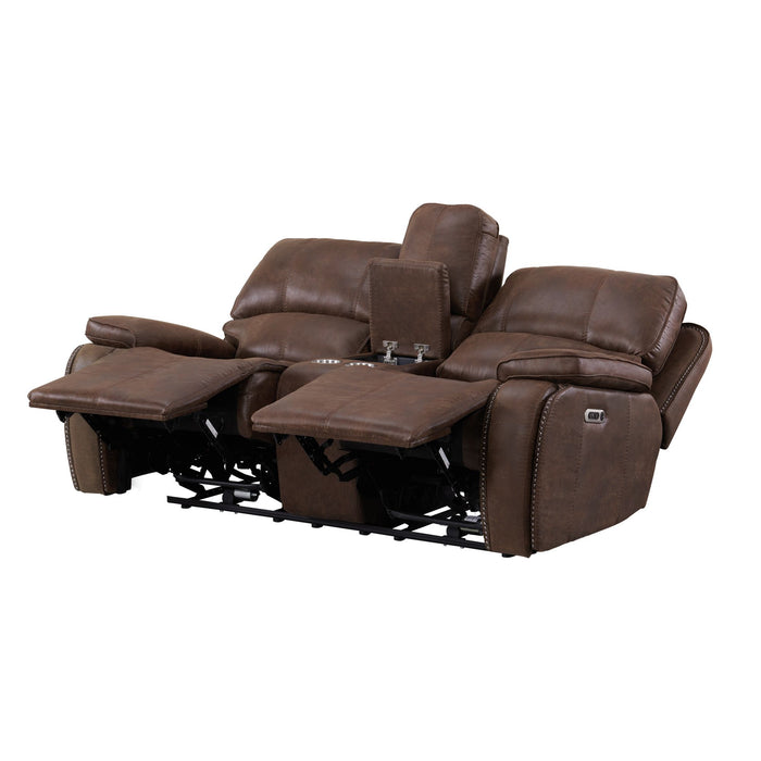 Atlantis Power Motion Loveseat with Power Motion Head Recliner & Console in Heritage Brown - Maxx Save 
