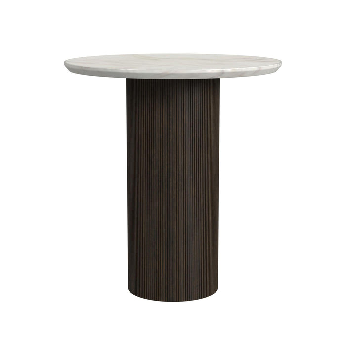 Sylvie Round End Table with White Faux Marble Top and Base in Dark Brown - Maxx Save 