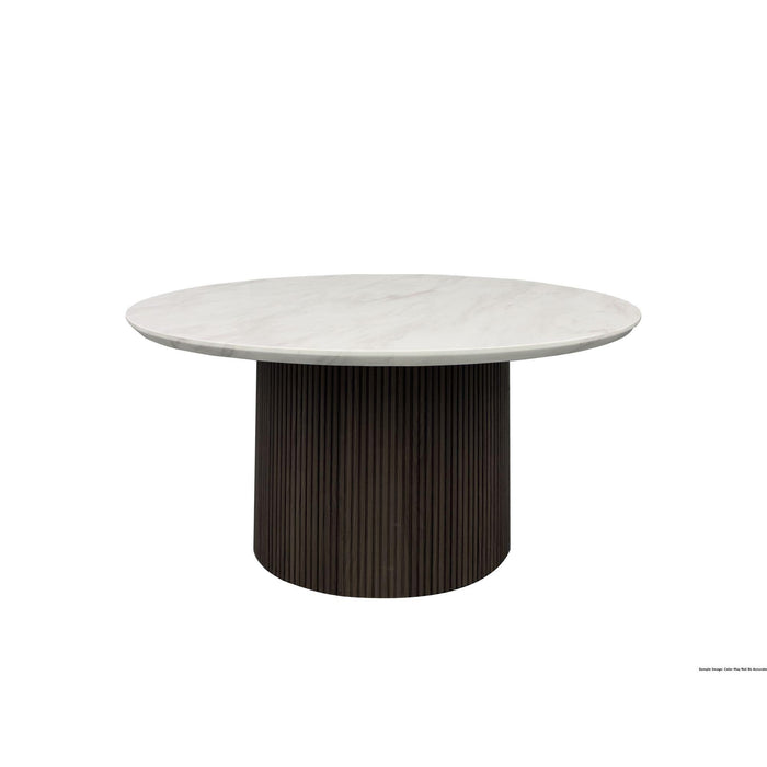 Sylvie Round Coffee Table with White Faux Marble Top and Base in Dark Brown