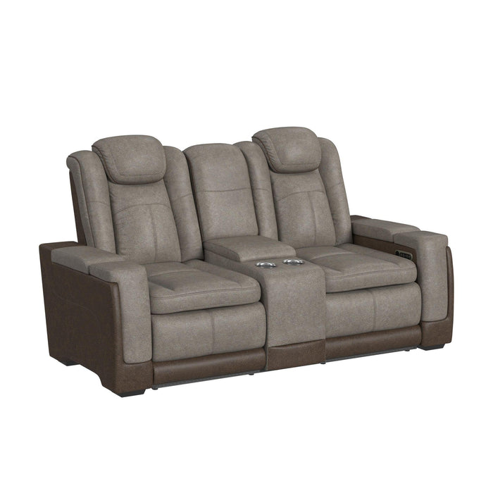 Lantana Power Motion Loveseat with Power Headrest, Led, and Console in Rocky Grey/Brown - Maxx Save 