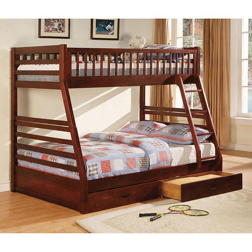 California II Cherry Twin/Full Bunk Bed w/ 2 Drawers Cherry, Walnut, Grey, &Oak - Maxx Save 