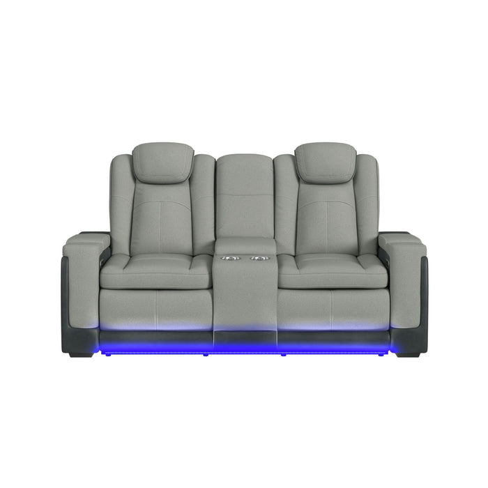 Lantana Power Motion Loveseat with Power Headrest, Led, and Console in Rocky Cement/Charcoal - Maxx Save 