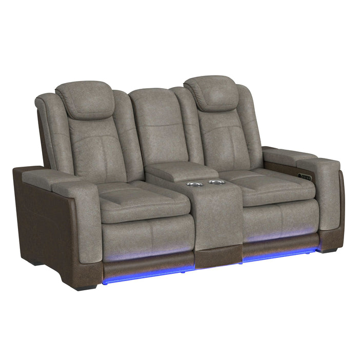 Lantana Power Motion Loveseat with Power Headrest, Led, and Console in Rocky Grey/Brown - Maxx Save 