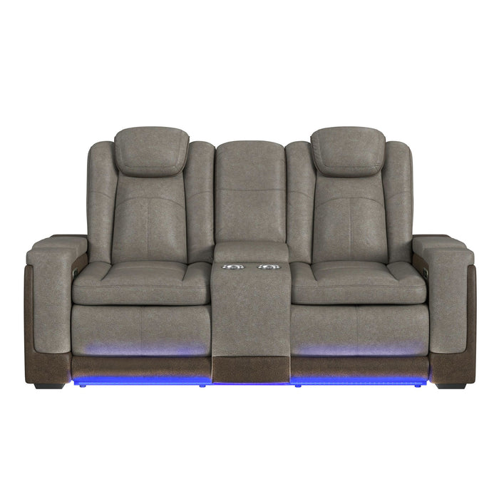 Lantana Power Motion Loveseat with Power Headrest, Led, and Console in Rocky Grey/Brown - Maxx Save 