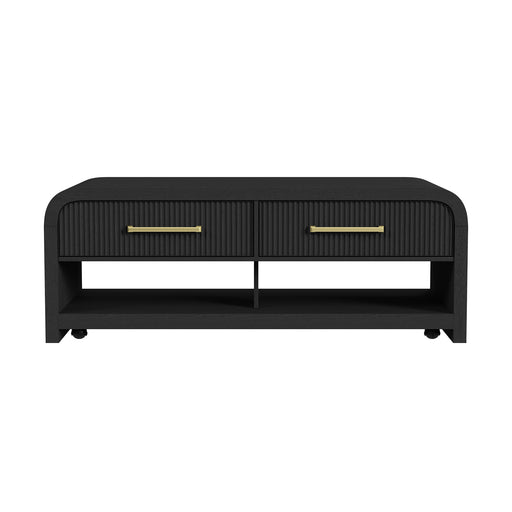 Ridgemont Coffee Table with Casters/Push Through Drawer in Black with Grain - Maxx Save 