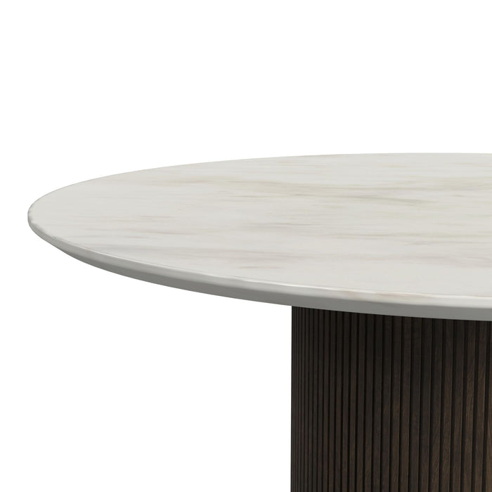 Sylvie Round End Table with White Faux Marble Top and Base in Dark Brown - Maxx Save 