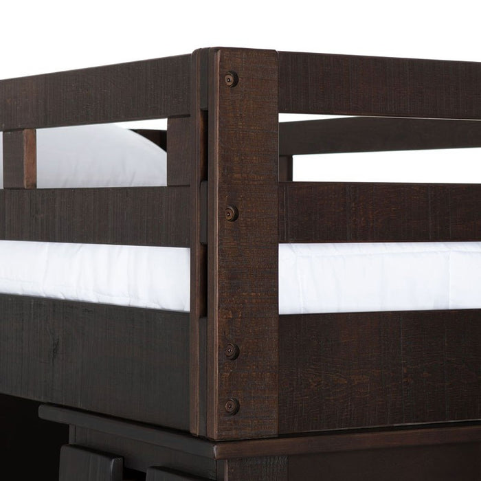 Elements International Vista Twin over Full Basic Loft Bed with Bookcase in Brown