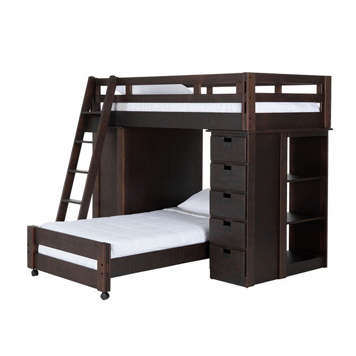 Elements International Vista Twin over Twin Super Loft Bed with Desk and Bookcase in Brown